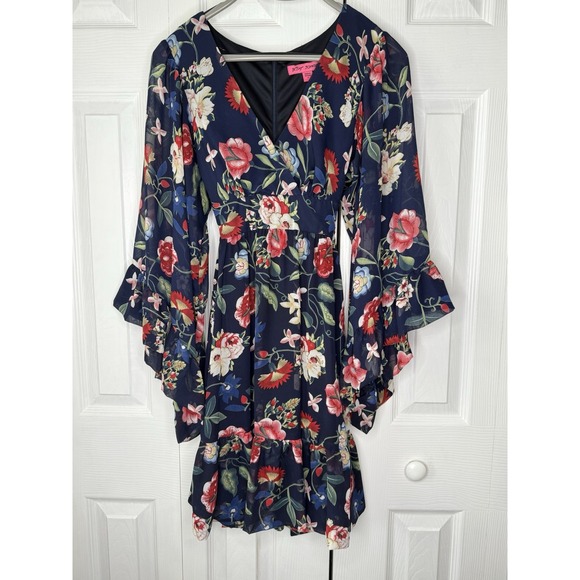 Betsey Johnson Blue Colorful Floral Sun Dress Sz 6 Knee Length‎ Tie Waist Easter - Picture 1 of 7